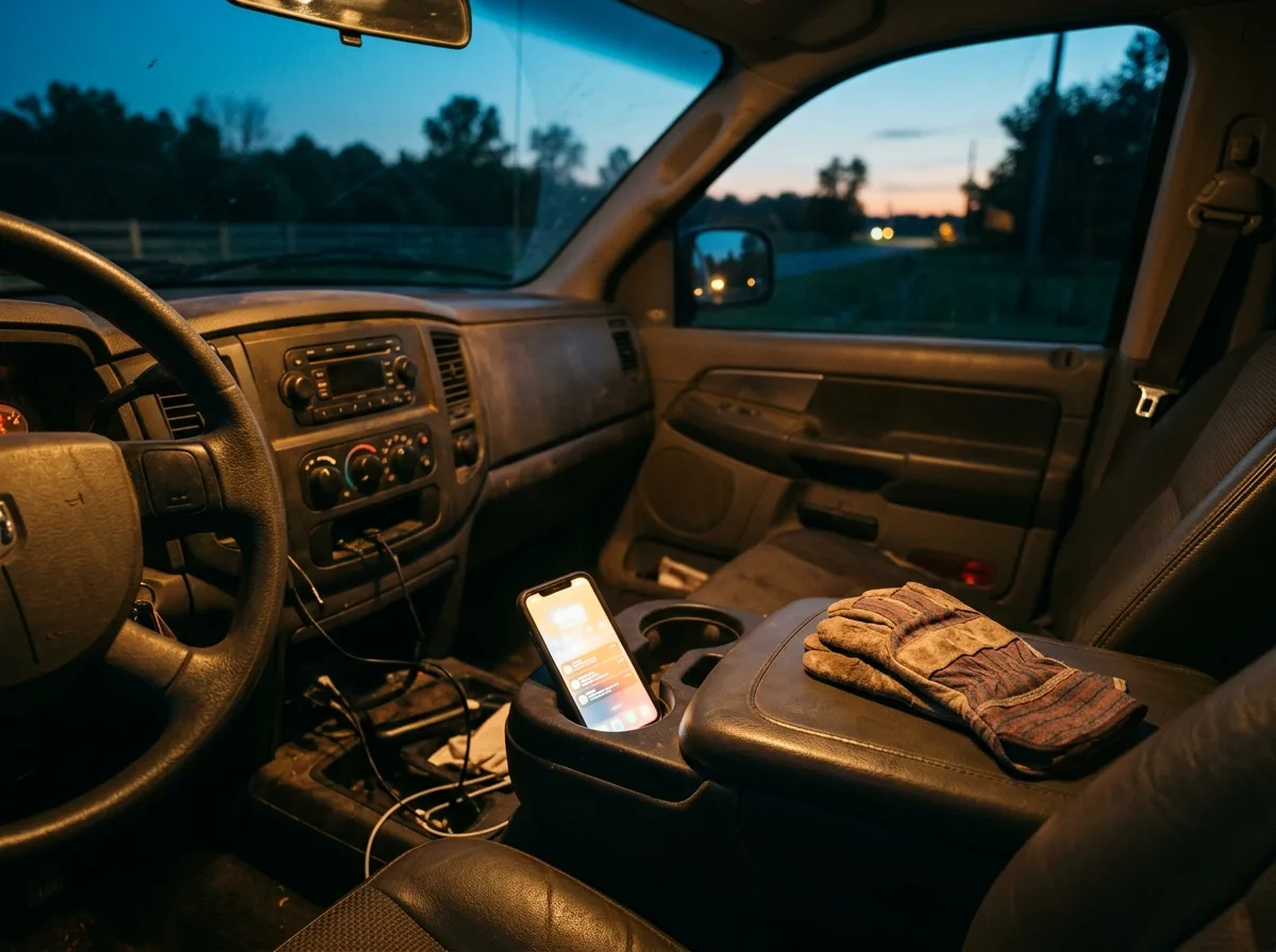A phone lit up in a truck cupholder at dusk