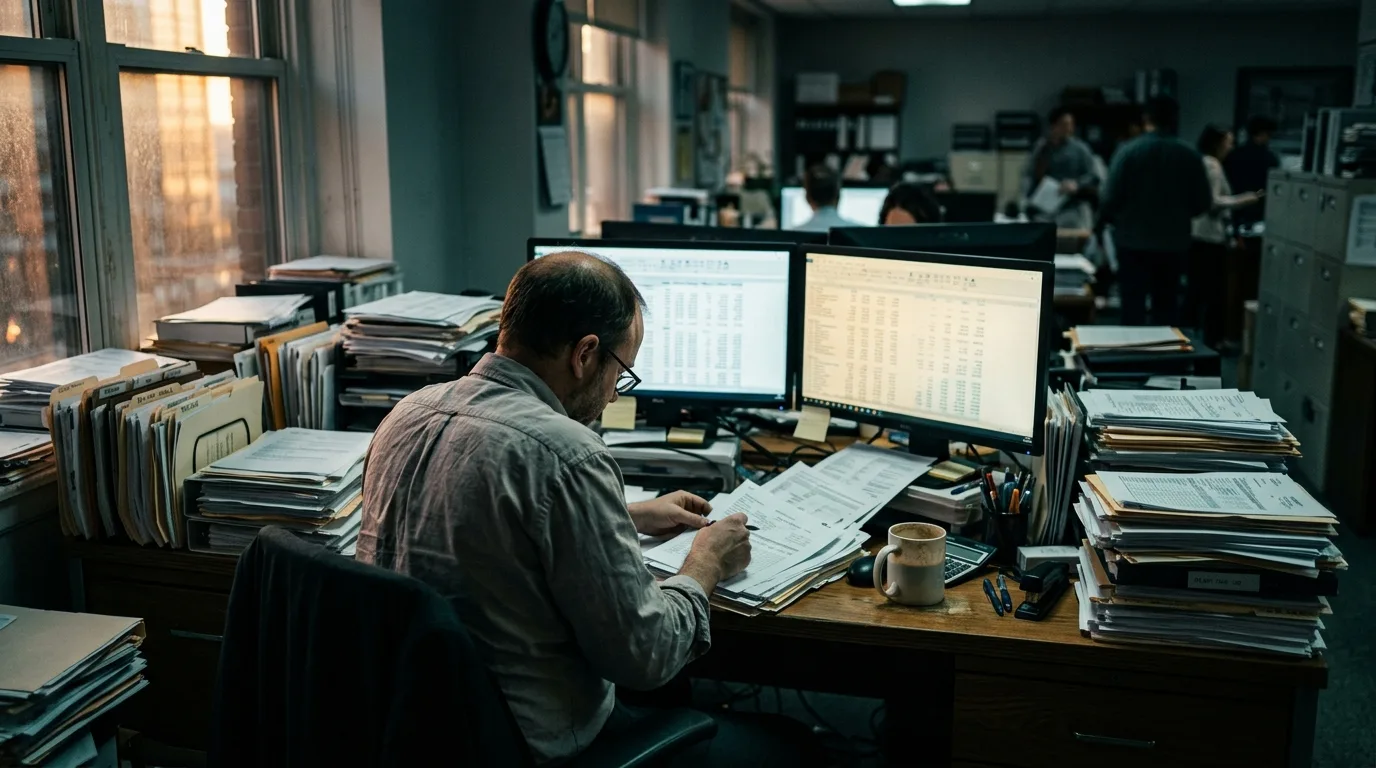 An accountant's desk buried in paper during March, two monitors, cold coffee