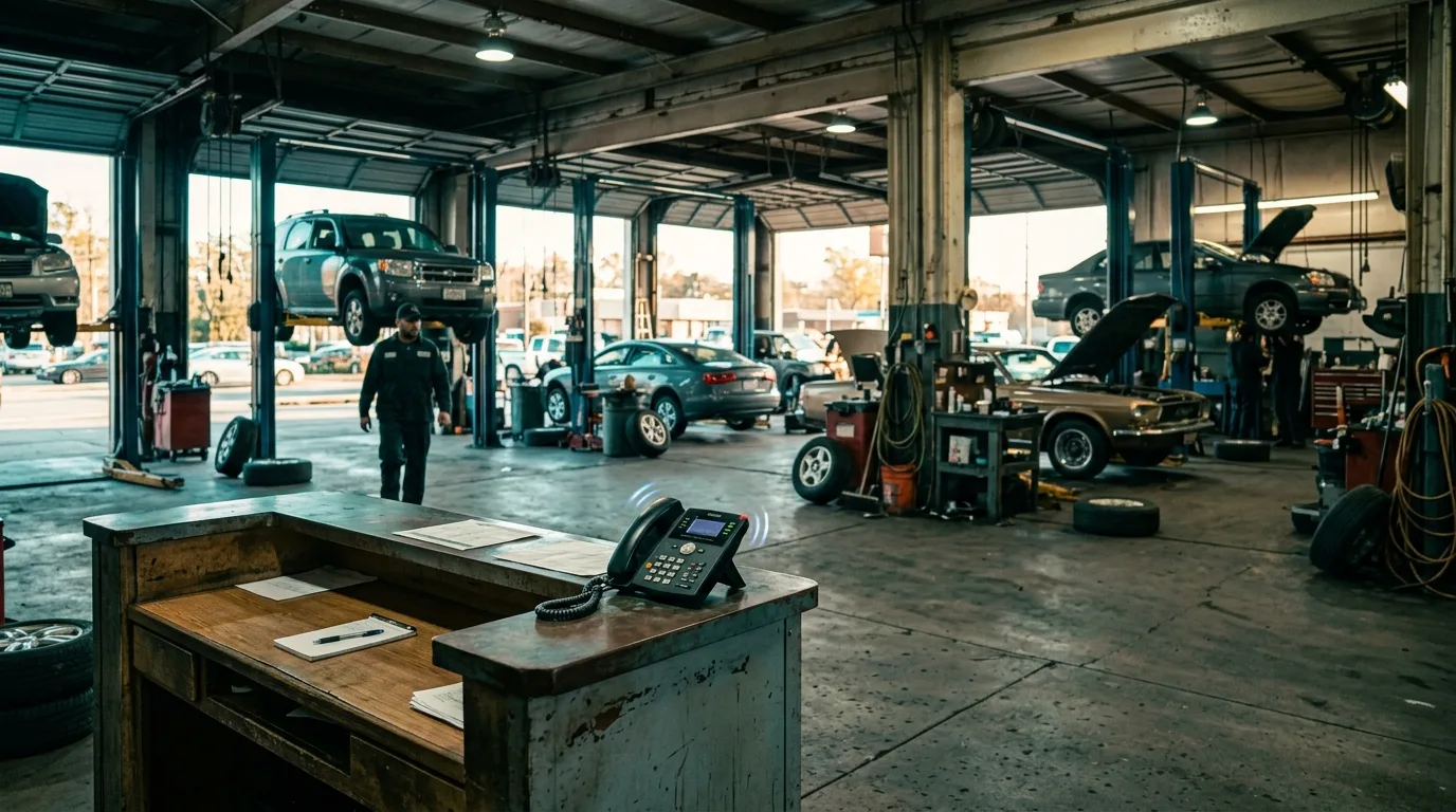 An auto repair shop at 7:45 AM, bays open, an empty counter phone ringing