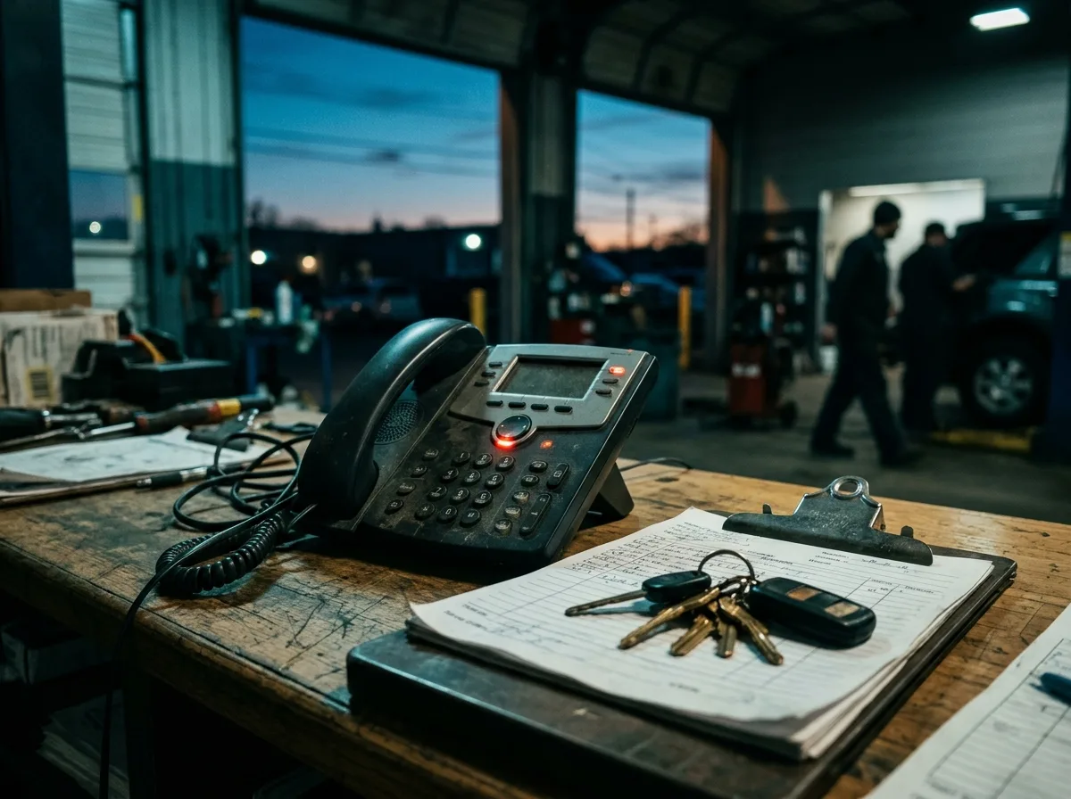 A shop counter phone with a blinking voicemail light at dawn