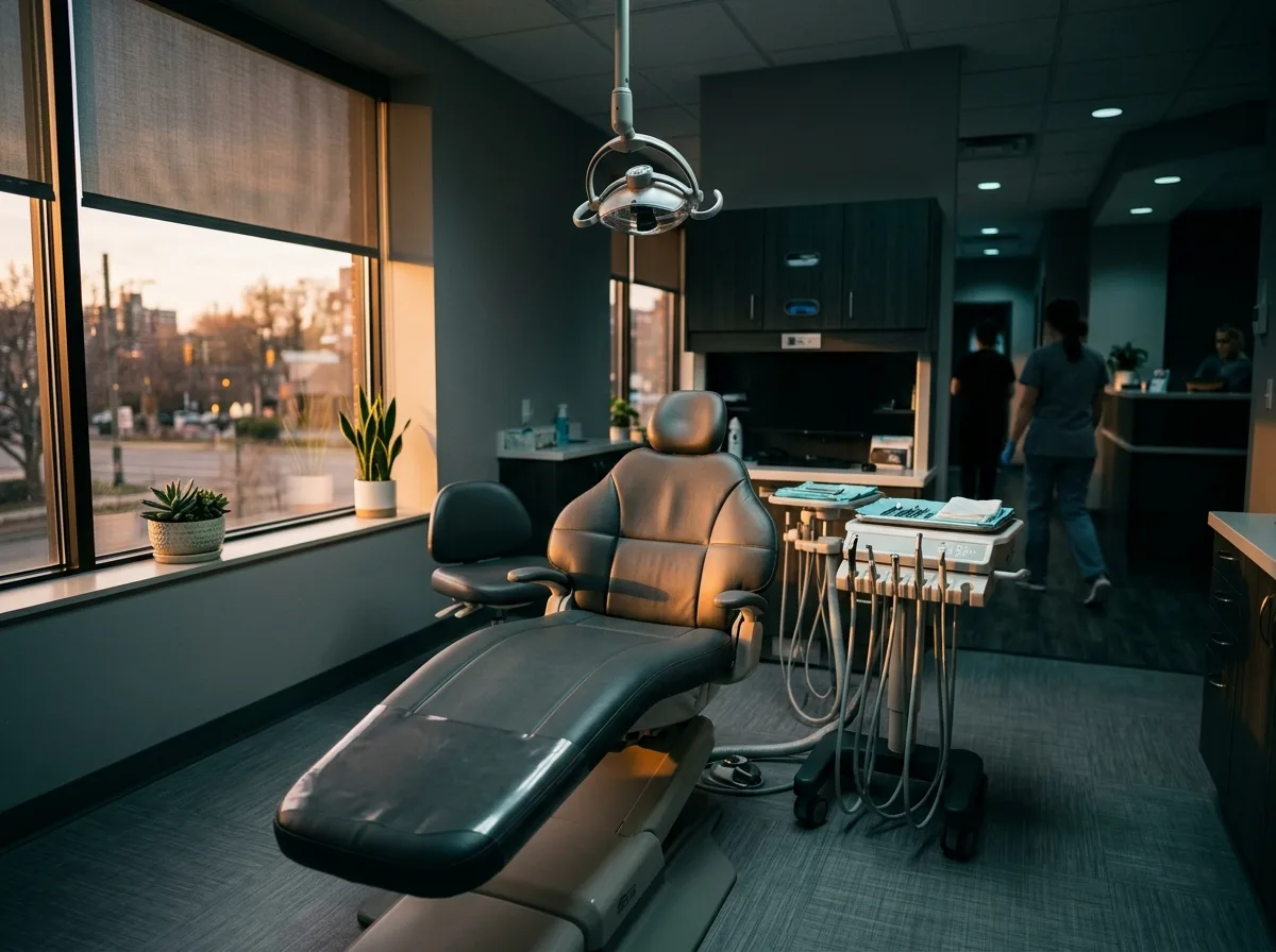 An empty dental treatment chair at golden hour, evening light