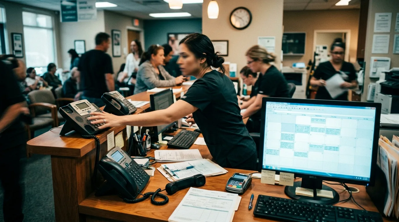 A dental office front desk mid-morning rush, a scheduling screen glowing