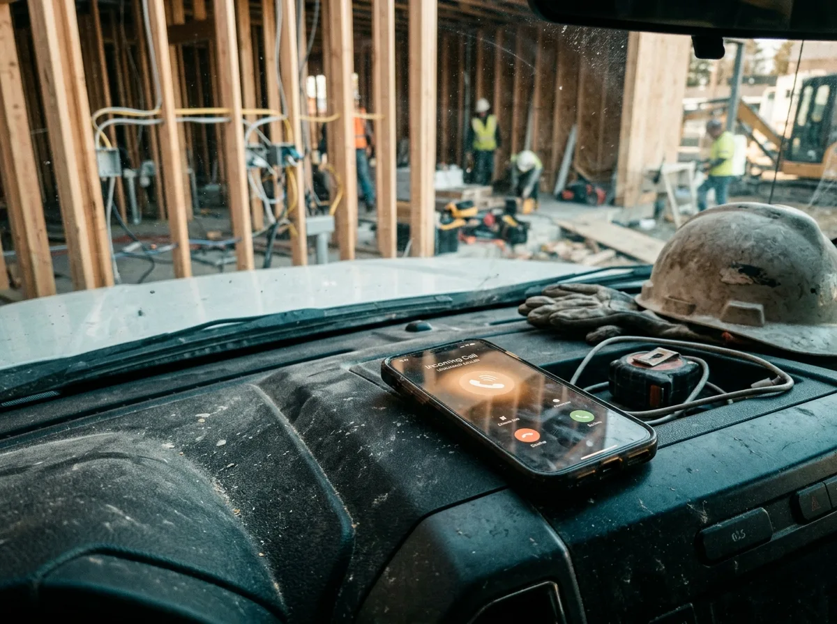 A phone lighting up repeatedly on a truck dashboard at a job site