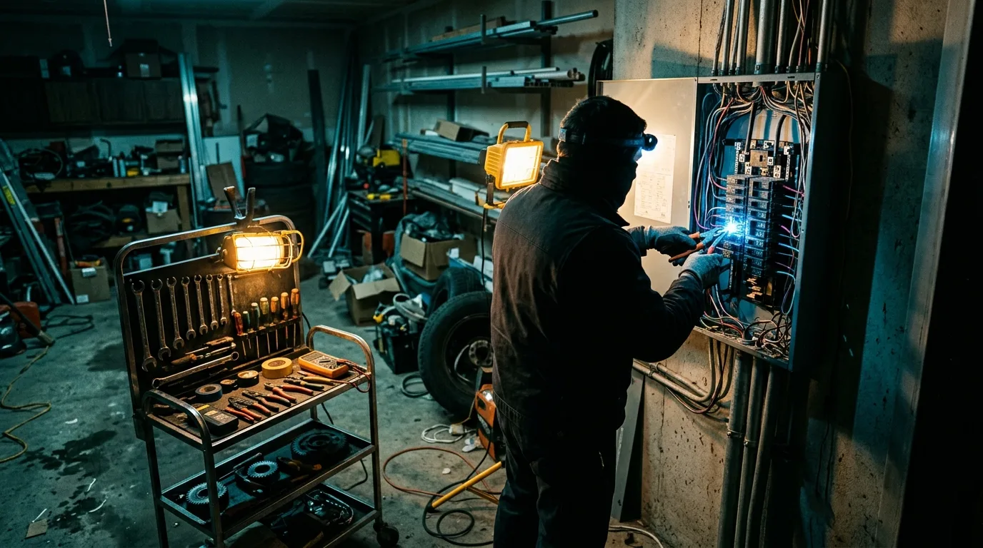 An electrician working an open panel in a dim garage at night
