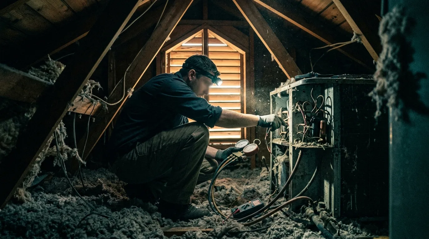 An HVAC technician working in a hot attic at dawn