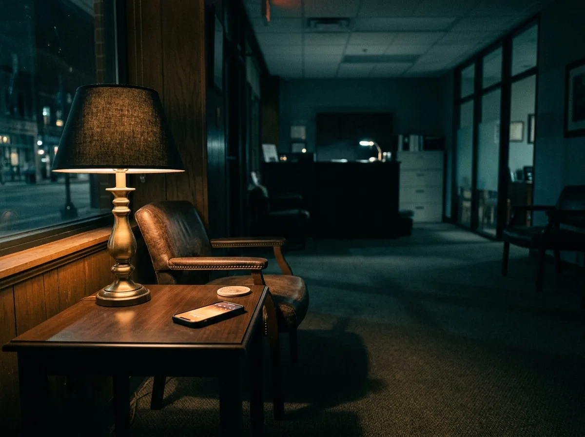 An empty law office lobby at night, a phone glowing on the side table