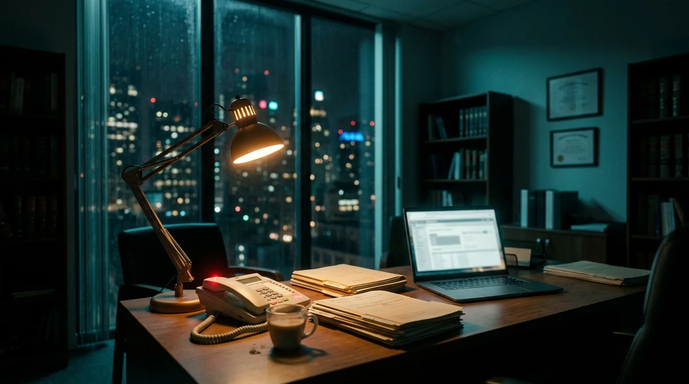 A solo attorney's office at 9 PM, desk lamp, a stack of case files
