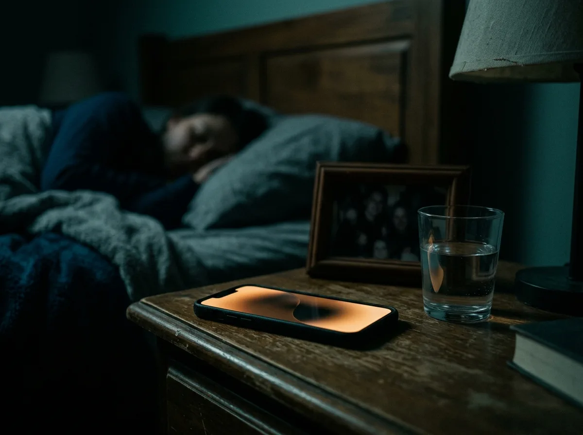 A phone glowing on a nightstand at night