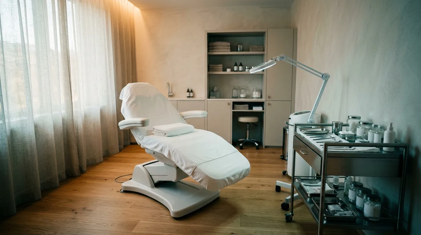 A pristine, empty medical spa treatment room, lit and waiting
