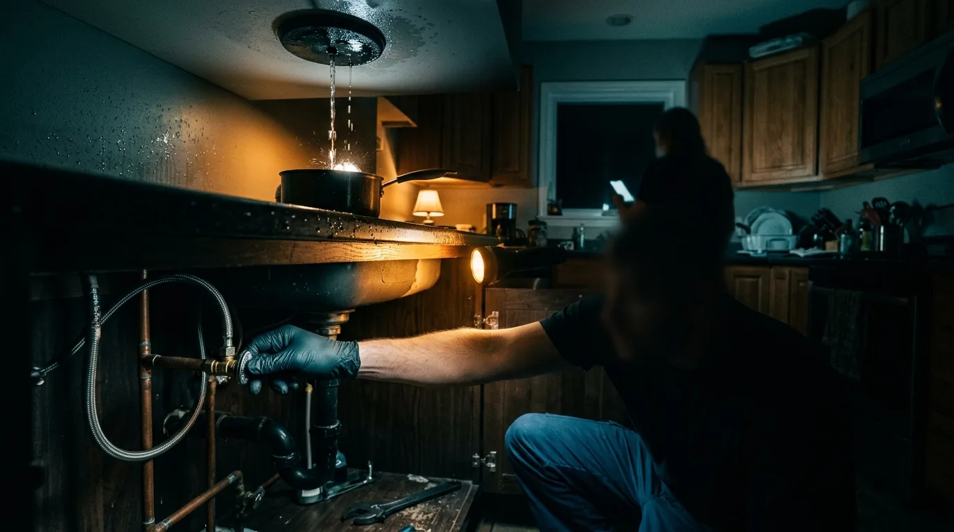 A dark kitchen at 2 AM, water dripping, a plumber's hand at the shutoff