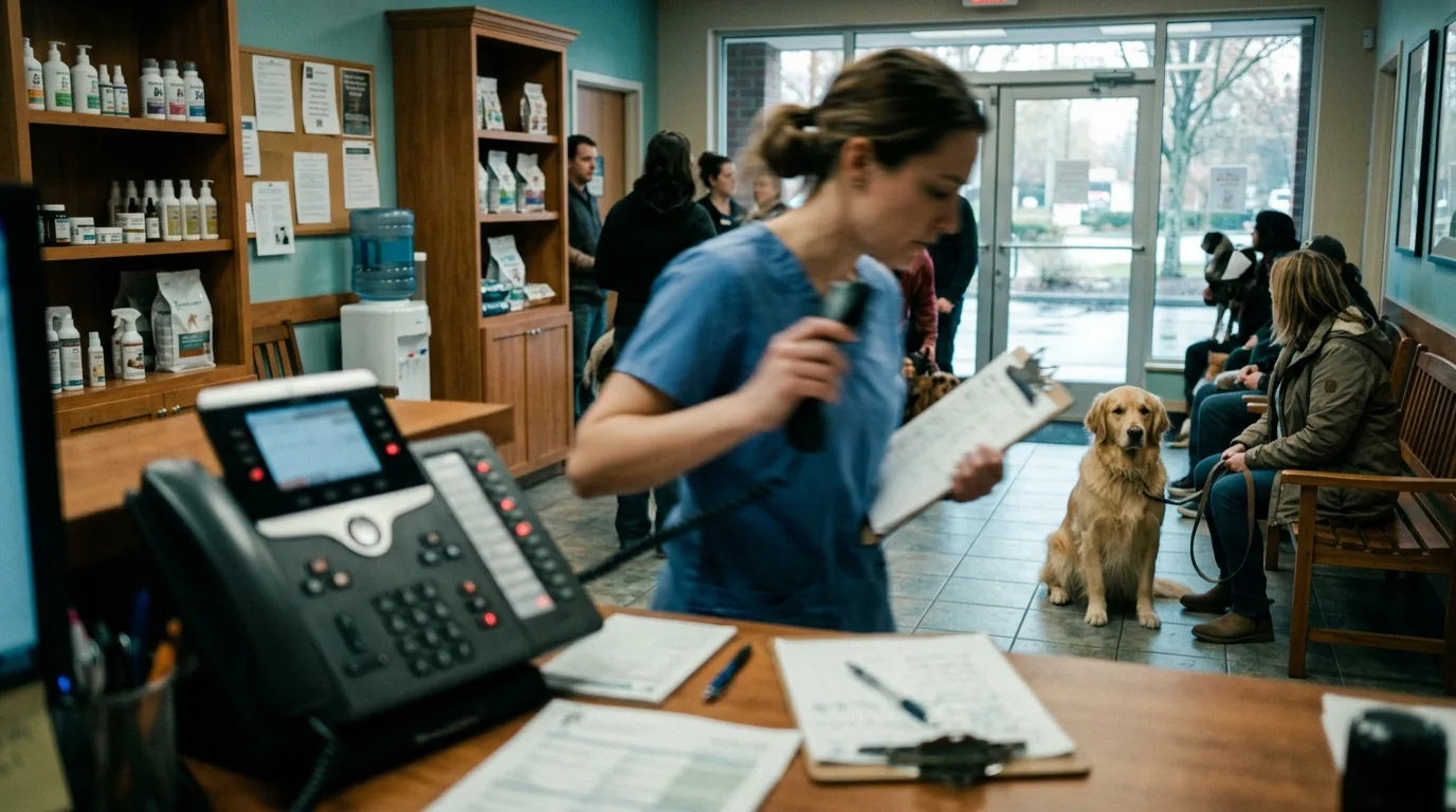 A veterinary clinic lobby at opening time, every phone line lit