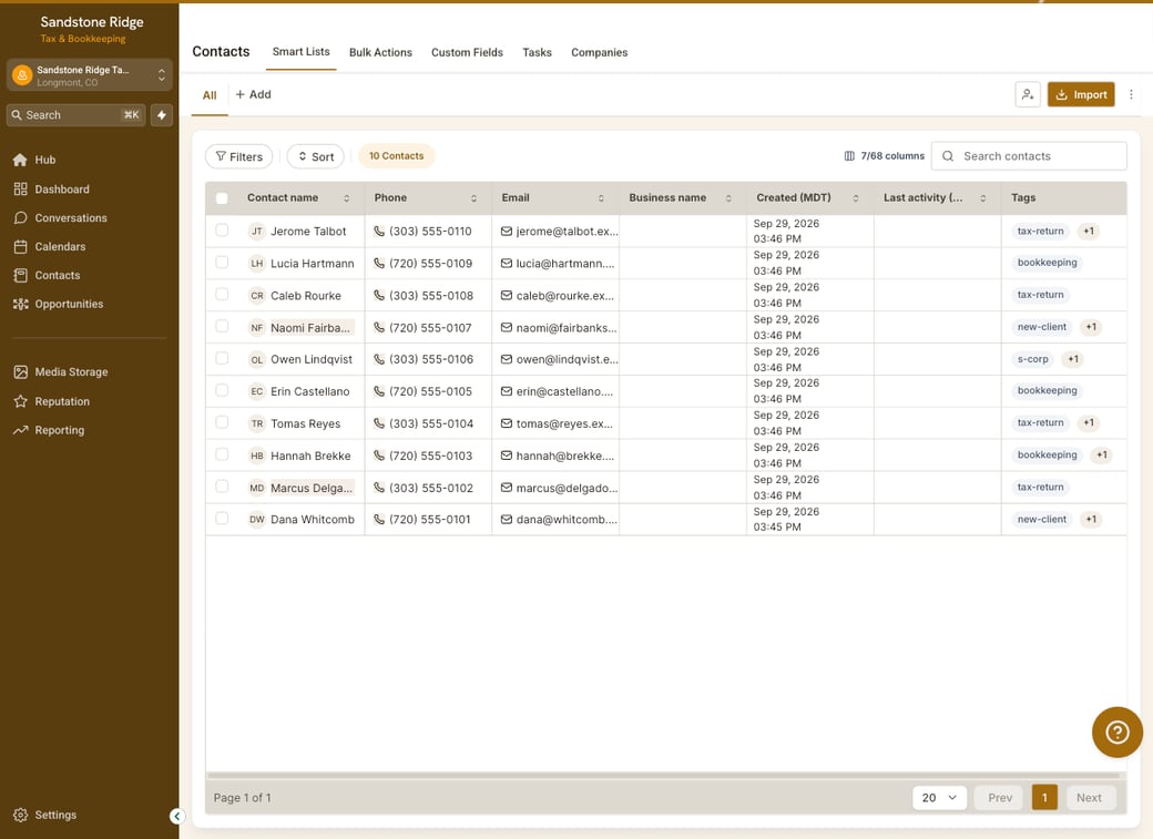 The contact list in Sandstone Ridge Tax & Bookkeeping's Hub: ten made-up people with phones, emails and tags, in brown and orange