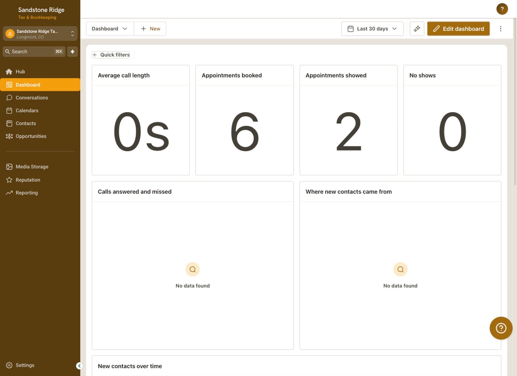 The dashboard in Sandstone Ridge Tax & Bookkeeping's Hub, with made-up appointment counts, in brown and orange