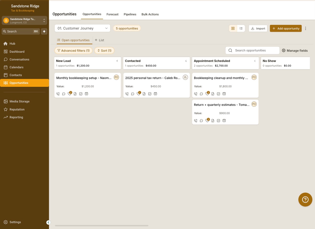 The sales pipeline in Sandstone Ridge Tax & Bookkeeping's Hub: four stages with made-up jobs and their values, in brown and orange