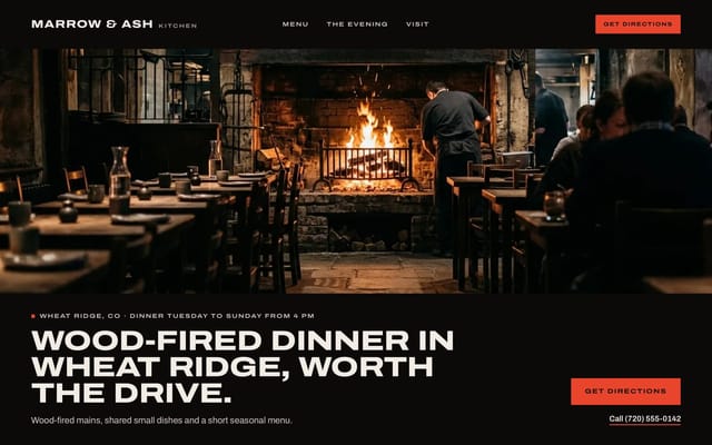 Marrow & Ash Kitchen, restaurant website, Night look, first screen