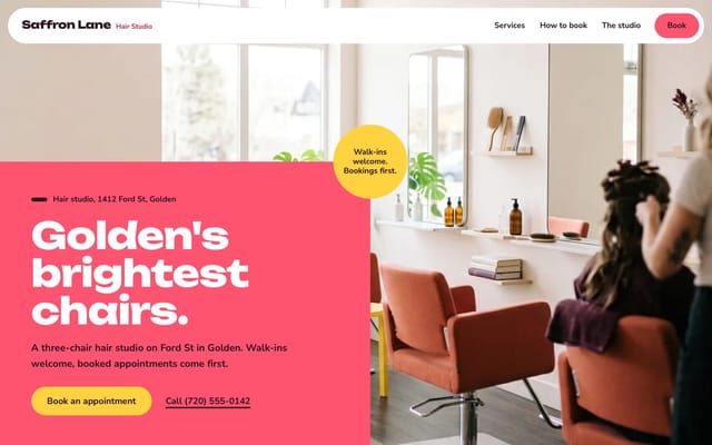 Saffron Lane Hair Studio, hair salon website, Color field look, first screen