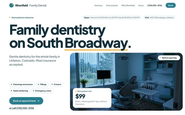 Wrenfield Family Dental, family dentist website, Clinic look, first screen