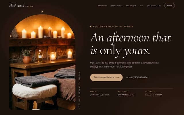 Hushbrook Day Spa, day spa website, Glow look, first screen
