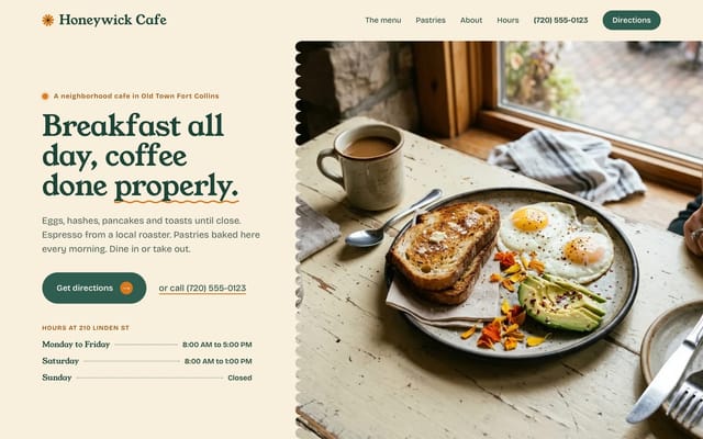 Honeywick Cafe, cafe website, Hospitality look, first screen
