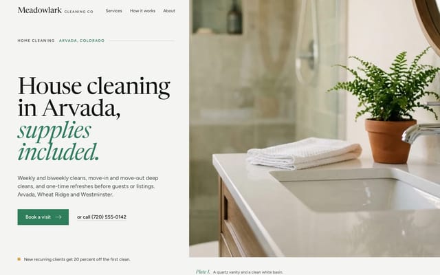 Meadowlark Cleaning Co, house cleaning website, Journal look, first screen