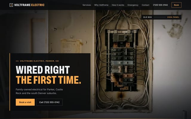 Voltframe Electric, electrician website, Night look, first screen