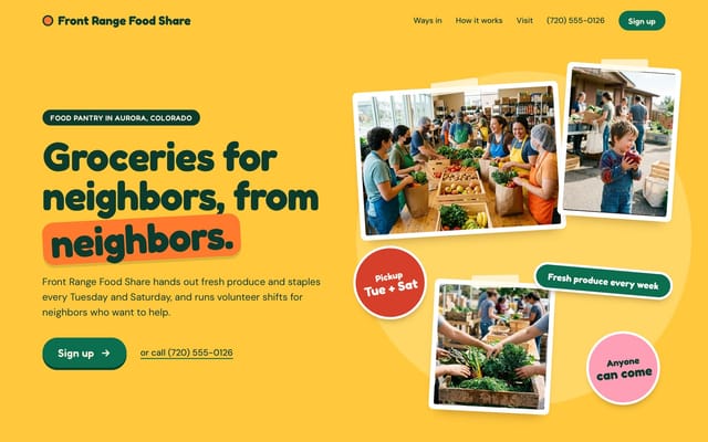 Front Range Food Share, food pantry website, Playful look, first screen