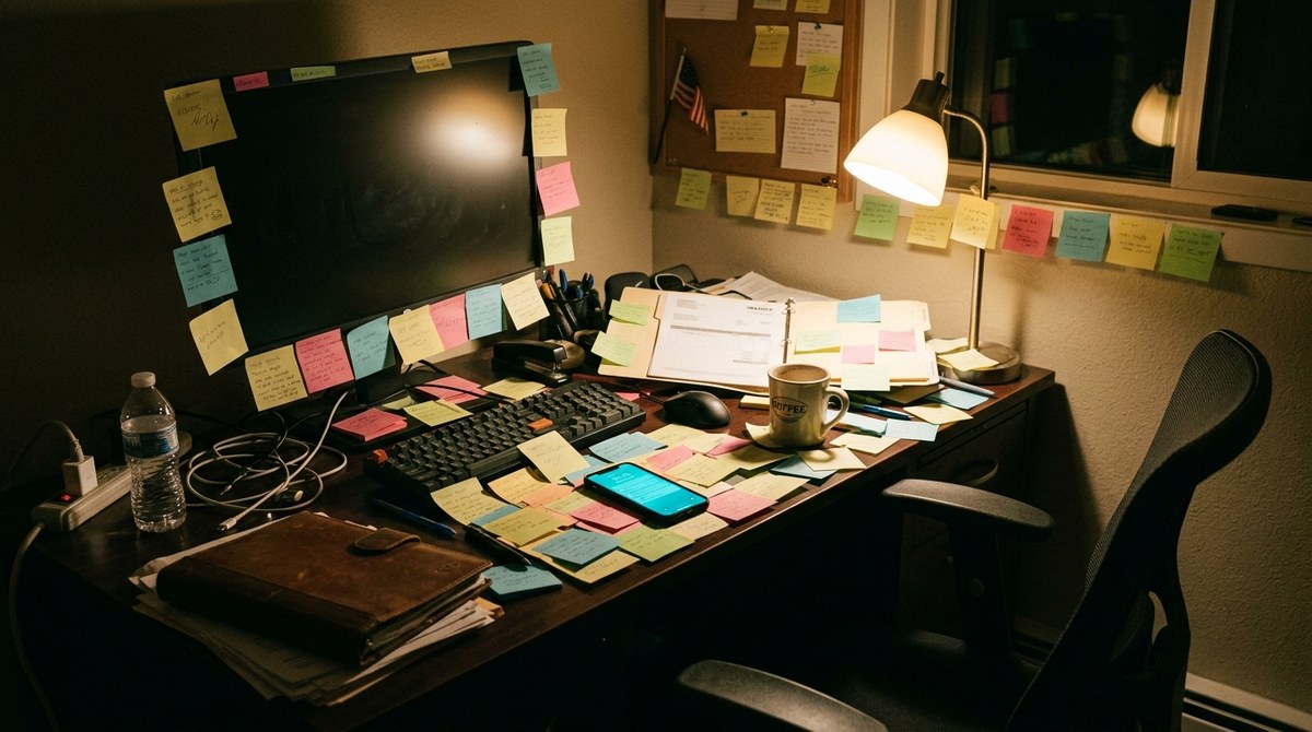 A desk buried in sticky note reminders, the phone lit with missed calls
