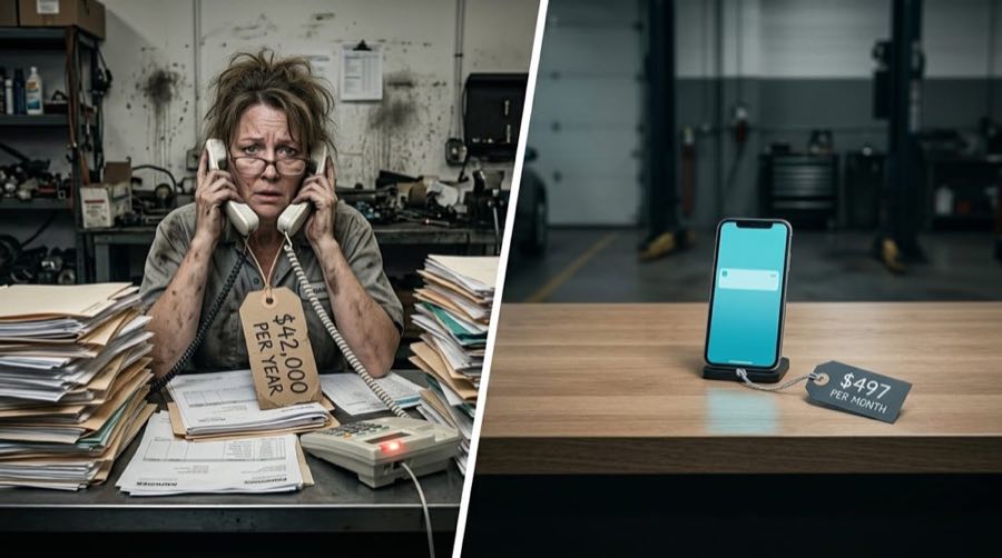 A receptionist buried in paper on one side, a phone on a clean desk on the other
