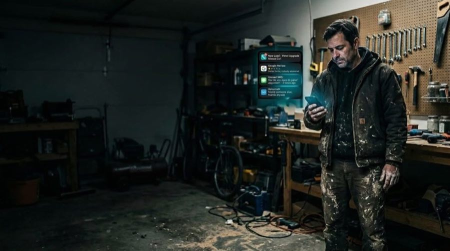 A man in his workshop, reading his phone